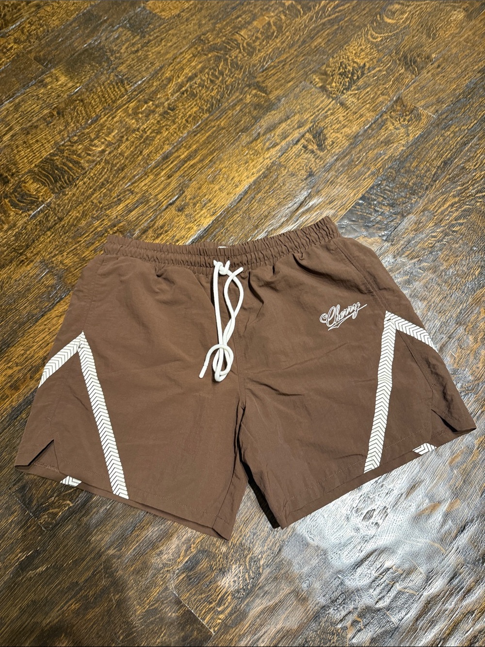 Brown Athletic Drawstring Men's Shorts with Chevron Trim